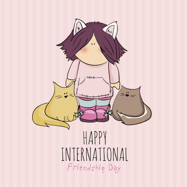 可爱的女孩与猫涂鸦插图。友谊日图片下载