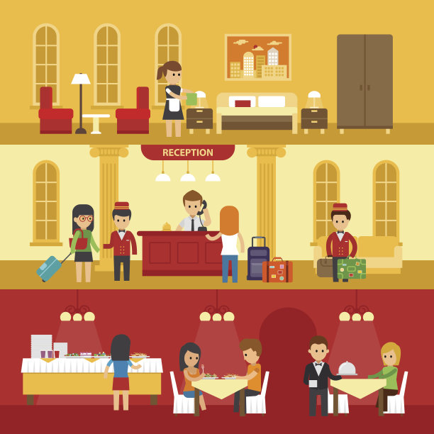 酒店内部用人物和酒店服务矢量平面插图。图片下载