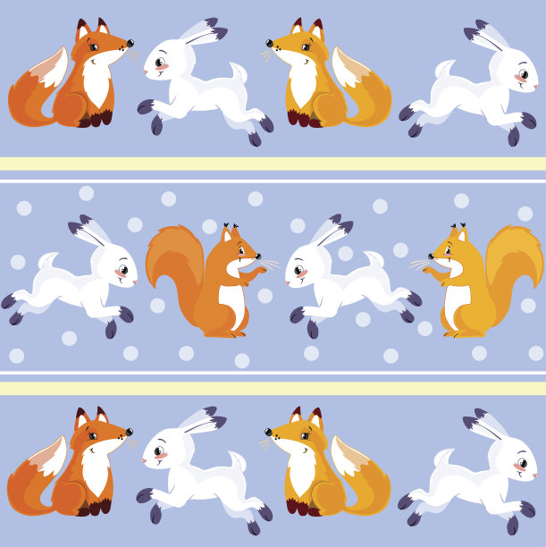 色彩柔和的儿童织物图案有兔子、松鼠和狐狸。图片下载