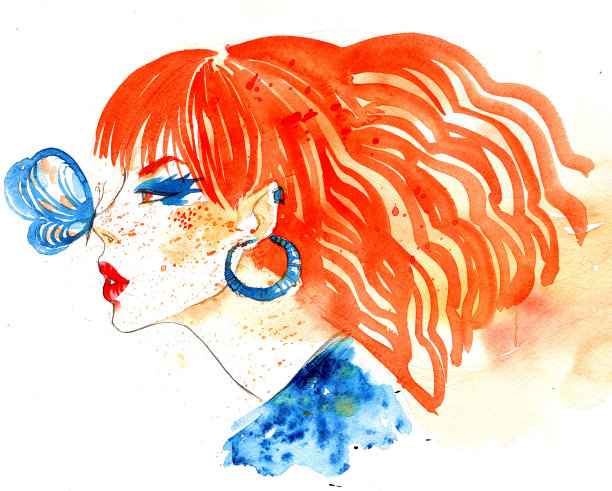 红发女人，鼻子上有蝴蝶图片下载