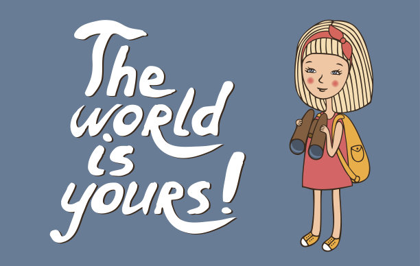 穿着运动鞋，背着双筒望远镜的女孩。图片下载