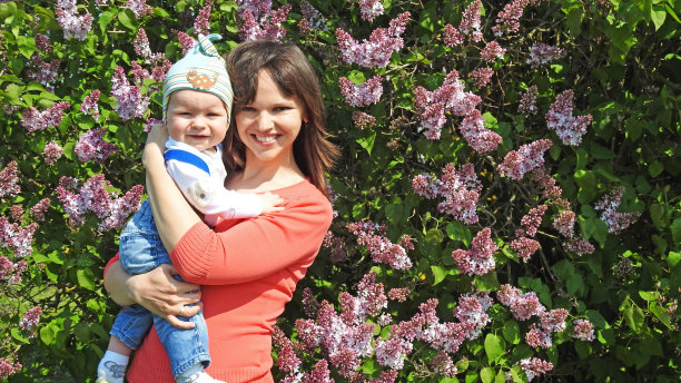 穿紫丁香的年轻女子。图片下载