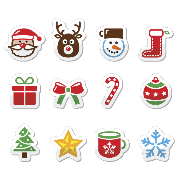 圣诞彩色图标集-圣诞老人，礼物，树，鲁道夫图片下载