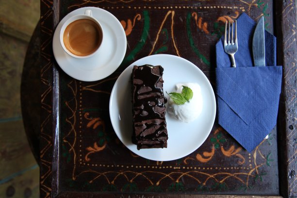 巧克力蛋糕，冰淇淋和咖啡图片下载