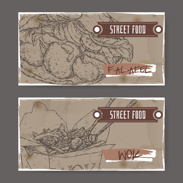 两个横幅，沙拉三明治和炒锅素描在垃圾背景图片下载