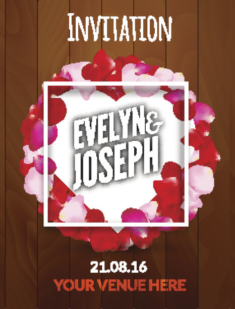 玫瑰花瓣圈美丽的婚礼请柬上木制背景矢量图片下载