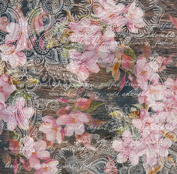 花卉，印度观赏性设计，木质纹理。水彩,手写便条图片下载