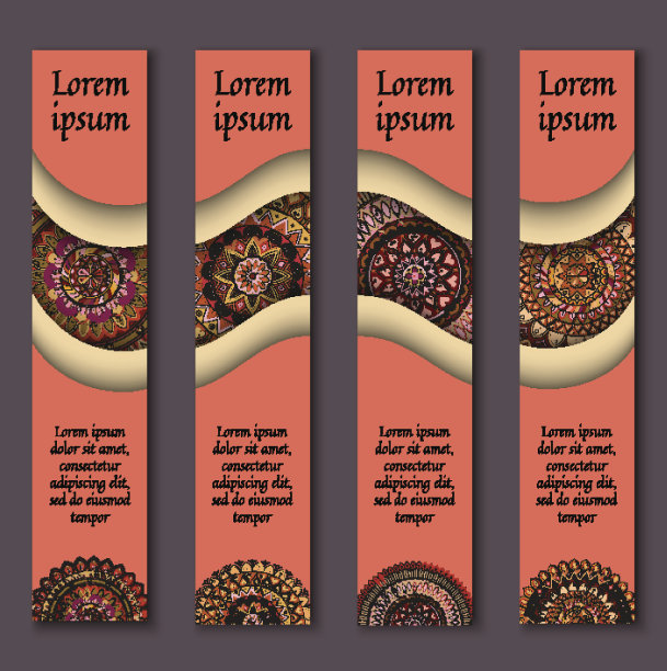 旗帜卡设置花卉色彩鲜艳的装饰曼陀罗元素背景。图片下载