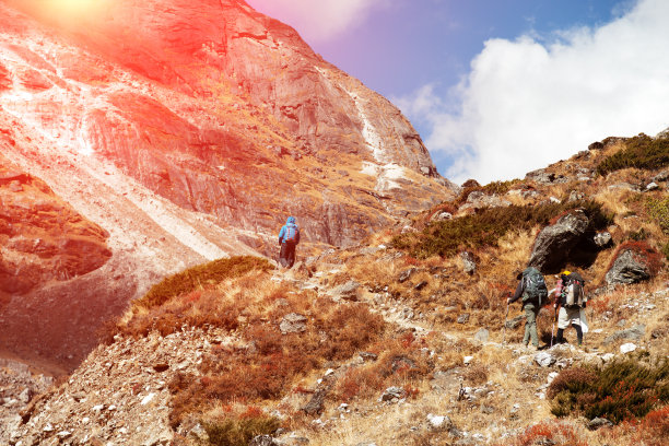 一群徒步旅行者在阳光明媚的日子走在山路上图片下载