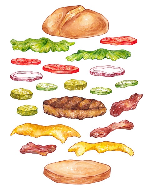 手绘水彩汉堡配料在白色backgro图片下载