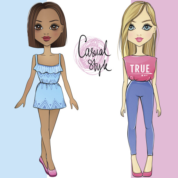 设置可爱的向量时尚女孩。图片下载