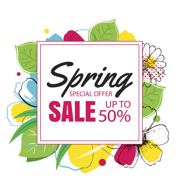 春季特价横幅模板与五颜六色的花朵。可使用代金券、墙纸、传单、邀请函、海报、宣传册、优惠券等优惠。图片下载