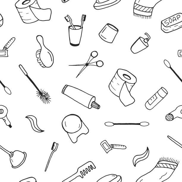 浴室配件无缝图案涂鸦风格。图片下载