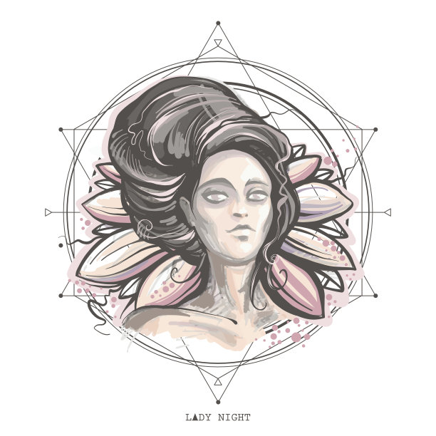 夜晚女士矢量插画：神秘女性肖像图片下载