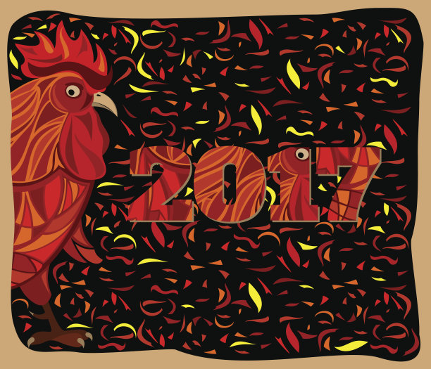 程式化红公鸡，中国新年矢量插图图片下载