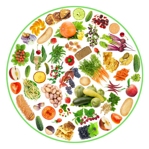 素食者生物生态食物-水果，蔬菜和面包在我的盘子概念。圈孤立的手工拼贴画图片下载