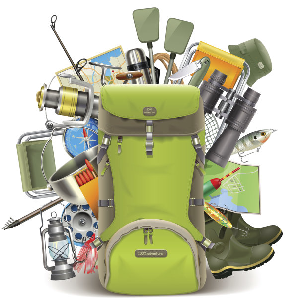 带渔具的矢量干粮袋图片下载