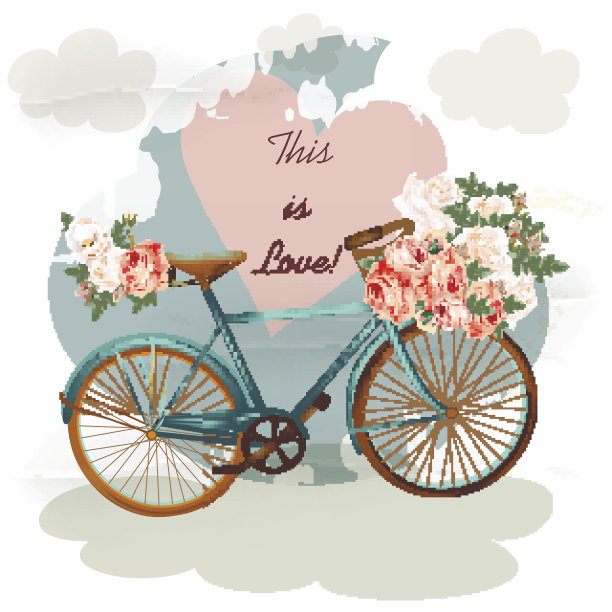可爱的向量邀请黄色自行车和鲜花图片下载