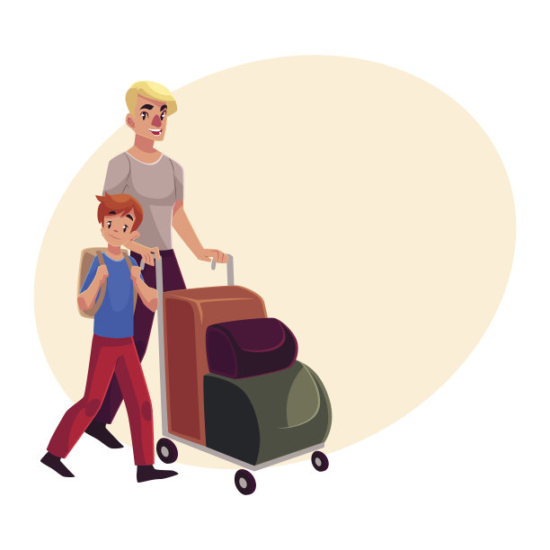 年轻人推着行李车，女儿拿着相机图片下载