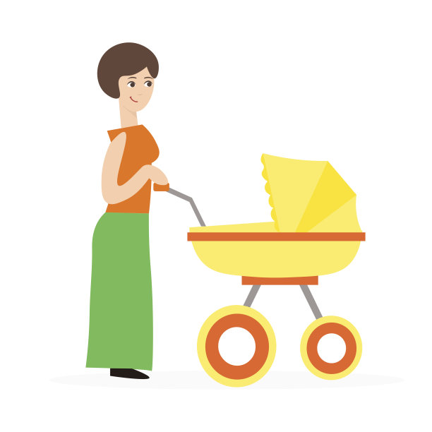 卡通可爱的母亲与婴儿车。向量图片下载