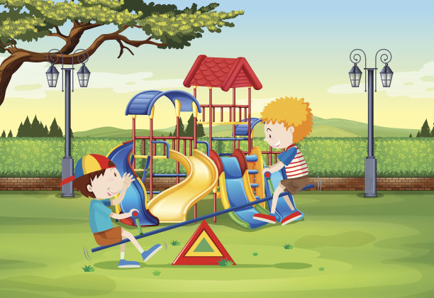 男孩们在公园里玩跷跷板图片下载