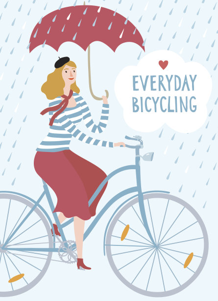 优雅的女子自行车下的雨矢量插图图片下载