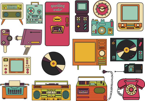一套彩色复古平面电子图标80-90年代。向量图片下载