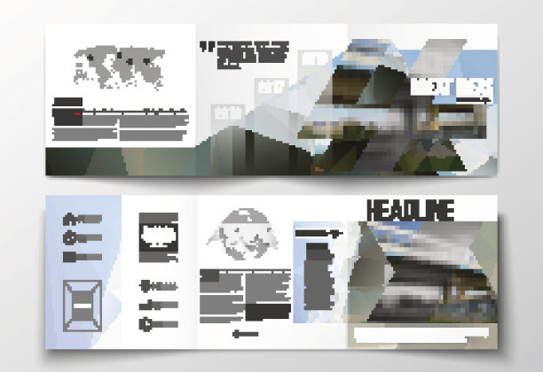 一套三折宣传册，方形设计模板。色彩斑斓的多边形图片下载