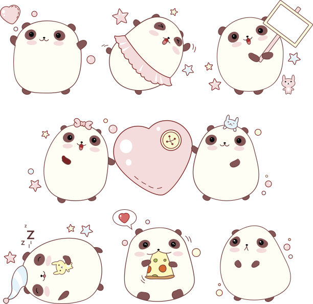 一套可爱的熊猫在卡哇伊风格素材图片