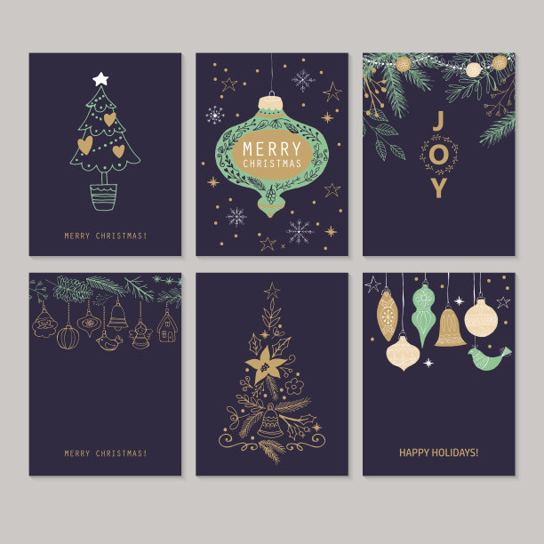 节日和圣诞节手绘贺卡集。图片下载