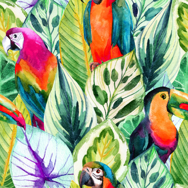 水彩鹦鹉和热带树叶无缝图案素材图片