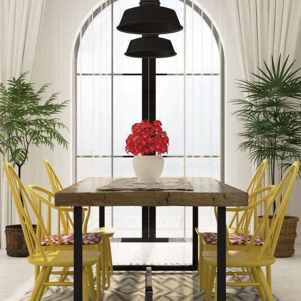 大木桌和亮黄色的椅子图片下载