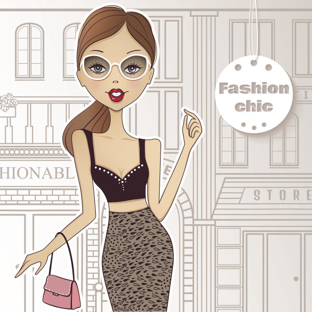 时尚女孩在街上走向商店。图片下载