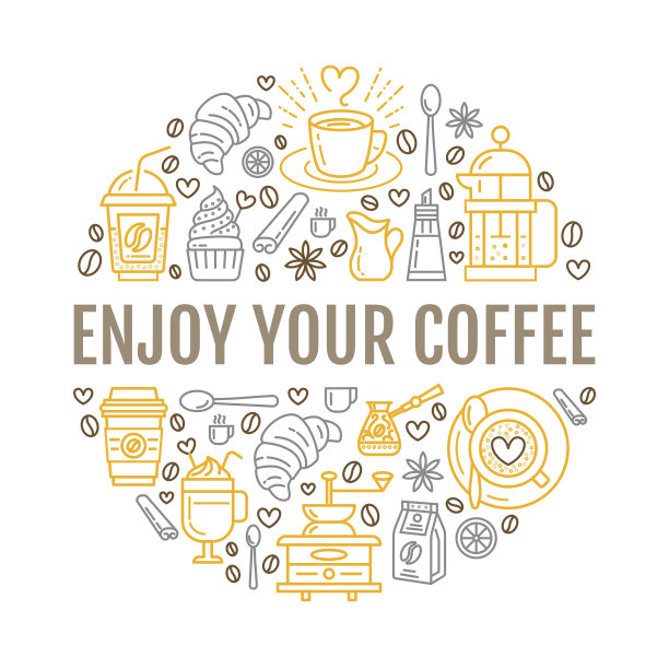 咖啡制作海报模板。酝酿矢量线图标，圆插图图片下载