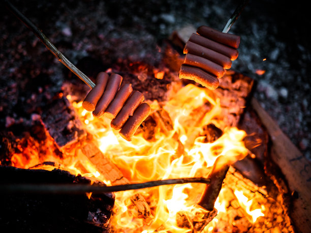 在篝火上做热狗香肠。图片下载