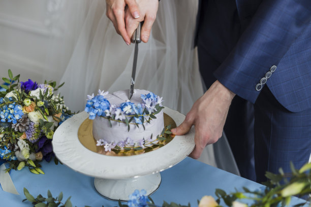 新娘和新郎在婚礼上切蛋糕图片下载