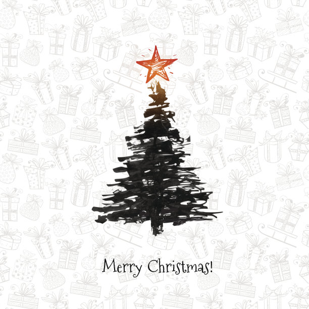 极简圣诞卡与绿色圣诞树图片下载