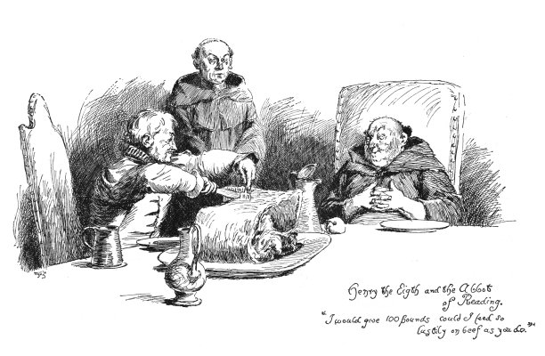 维多利亚时代的幽默插画《亨利八世与雷丁修道院院长》;男人吃大餐;休·汤姆森。图片下载