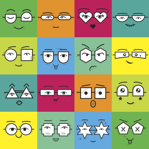 彩色的方形贴纸表情符号脸与几何眼镜图标集图片下载