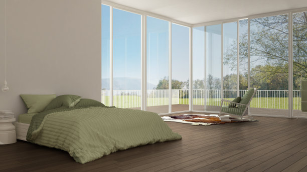 经典的卧室，简约的白色室内设计，大窗户图片下载