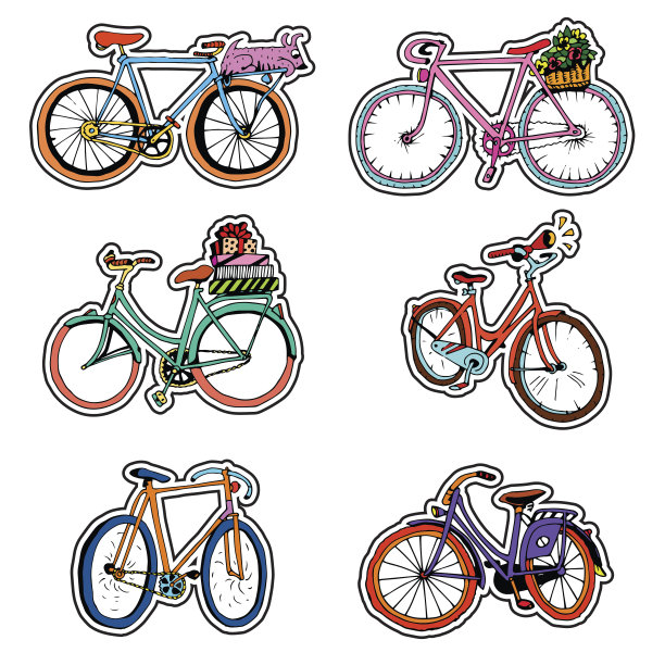 一套手绘贴纸与复古自行车。图片下载
