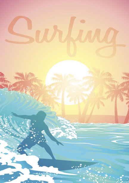 日出时，在棕榈树下冲浪的雄性图片下载