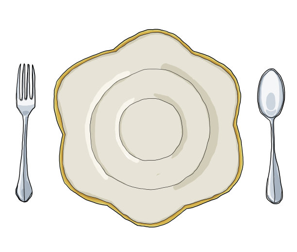 花盘盘子形状和叉匙手工绘制图片下载