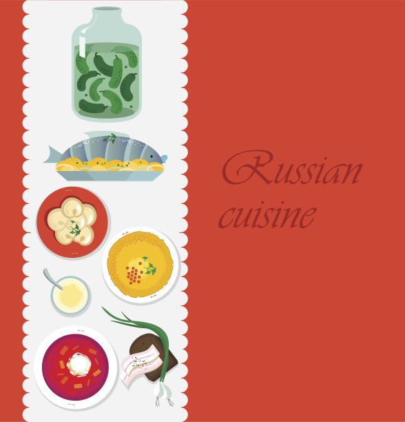 俄罗斯菜。带有烹饪用具和食物的菜单模板图片下载