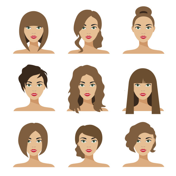 一套女人头发造型矢量平面插图素材图片