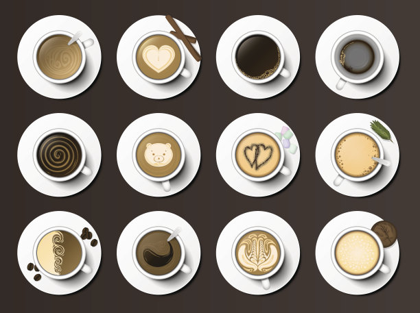咖啡杯分类俯视图集合矢量插图。图片下载