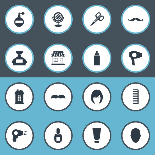 一套16个简单的发型师图标。图片下载