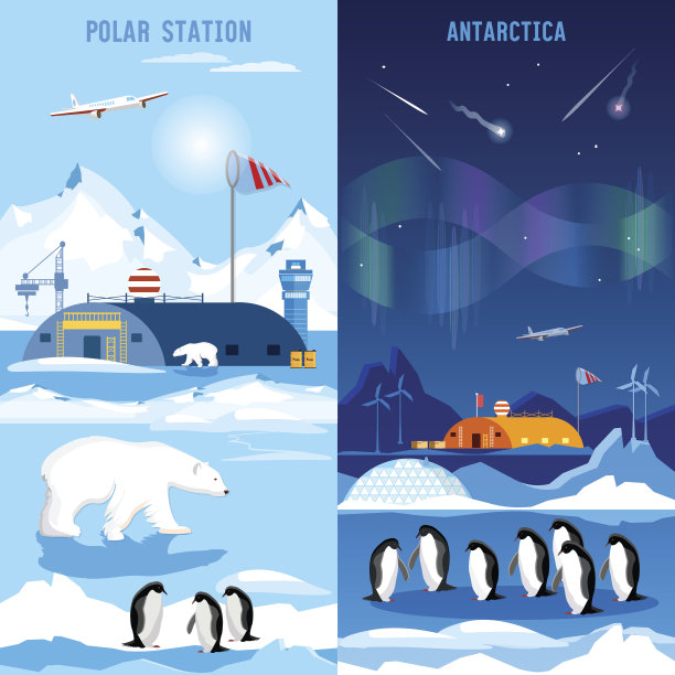 北极，极地站的横幅。企鹅,北极熊图片下载