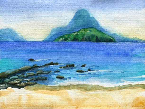 地平线上有岛屿的热带海滩素材图片