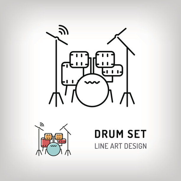 鼓集孤立线艺术图标音乐乐器矢量插图素材图片